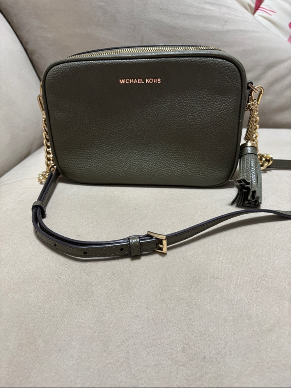 Michael Kors Dark Olive Pebbled Leather Crossbody with Tassel
